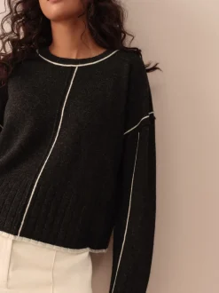 Next - Pull ras du cou 100% laine d’agneau N.premium Charbon à liserés