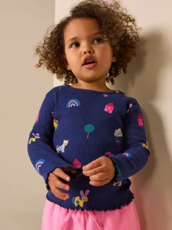 Next - T-shirt à manches longues en côtes (3mths-7yrs) Chats et chiens bleu marine Outlet