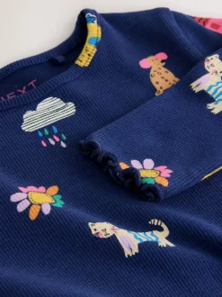 Next - T-shirt à manches longues en côtes (3mths-7yrs) Chats et chiens bleu marine Outlet