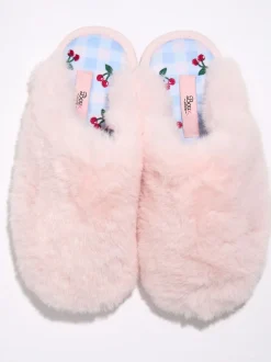 Boux Avenue Chaussons mules en peluche à semelle brodée de cerise