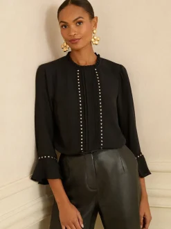 Love & Roses Coeur noir - chemisier à manches flûte avec détail matériel Hot