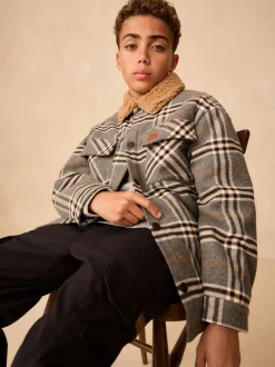 Next Col Gris À carreaux borg - Veste-chemise doublée (3-16ans) New