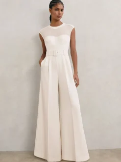 Reiss Combinaison-pantalon ceinturée à jambe large et empiècements transparents Alba Discount