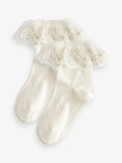 Next Crème - 2 Lot de chaussettes en coton riche en fleurs pour filles Volants Best