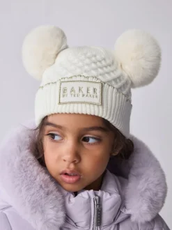 Baker by Ted Baker Crème - Ensemble chapeau et moufles à double pompon pour fille New