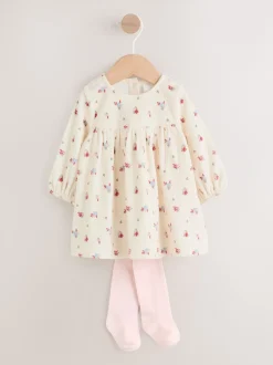 Next Crème à petites fleurs - Ensemble robe et collants en velours à manches longues bébé 2 pièces (0mois-2ans) Clearance