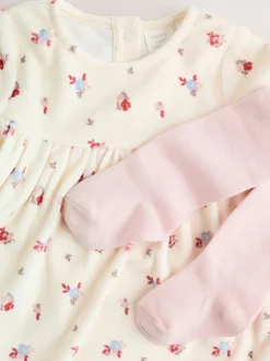 Next Crème à petites fleurs - Ensemble robe et collants en velours à manches longues bébé 2 pièces (0mois-2ans) Clearance