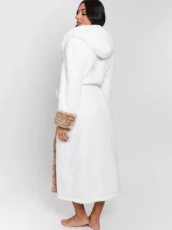 Loungeable Crème - Robe de chambre mi-longue bordée de fausse fourrure imprimé léopard Discount
