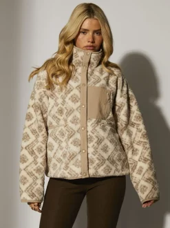 South Beach Crème - Imprimé Veste zippée en borg surdimensionnée avec poche New