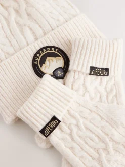 Superdry Crème - Ensemble bonnet et Gants à pompons