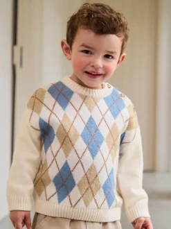 Next Crème Argyle - Pull en coton à col rond en maille (3mois -7ans) Discount