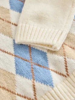 Next Crème Argyle - Pull en coton à col rond en maille (3mois -7ans) Discount