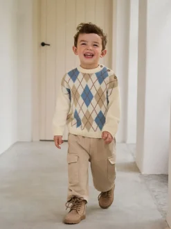 Next Crème Argyle - Pull en coton à col rond en maille (3mois -7ans) Discount