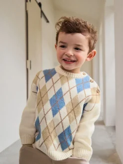 Next Crème Argyle - Pull en coton à col rond en maille (3mois -7ans) Discount