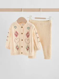 Next Crème brodé - Cardigan et Leggings en maille Bébé Ensemble 2 pièces (0mois-3ans) Clearance