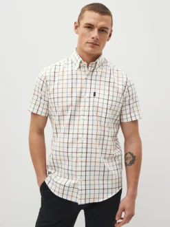 Next - Chemise Oxford Easy Iron boutonnée à manches courtes Crème/bleu à carreaux Tattersall Hot