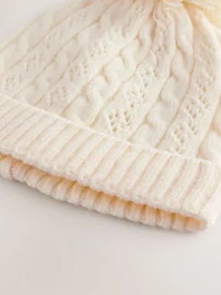 Next écru - Chapeau à pompons en maille torsadée pointelle (0mois-2ans) New