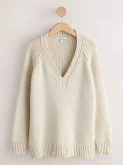 Next écru - Pull long à col en V en coton et laine mélangés Sale