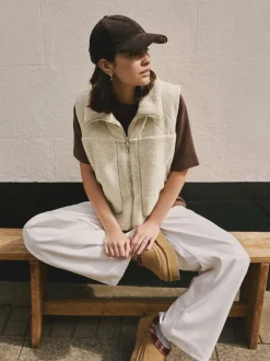 Next écru - Veste zippée en velours côtelé en mélange de borg