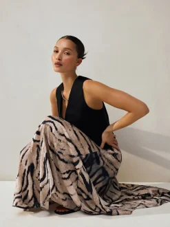 Next Écru imprimé zèbre - Jupe mi-longue asymétrique en satin effet froissé New