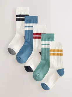 Next - Cushioned Semelle intérieure Cotton Rich Ribbed Tipped Chaussettes 5 Lot Écru/Bleu/Minéral Online