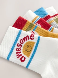 Next - Lot 5 paires de chaussettes Character riches en coton Écru/Moutarde/Rouge Slogan rétro