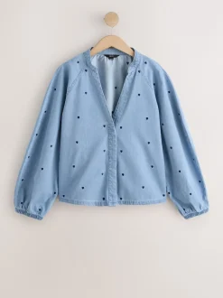 Next Cœur Bleu bleu marine - Chemisier en denim à manche bouffante et col en V brodé cœur Online