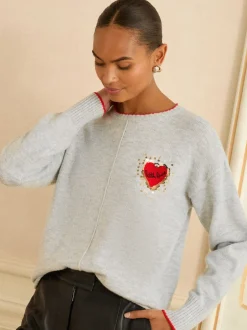 Love & Roses Cœur d’amour rouge à sequins gris - pull en maille confortable New