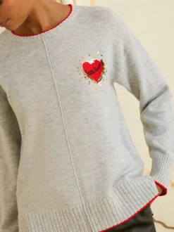 Love & Roses Cœur d’amour rouge à sequins gris - pull en maille confortable New