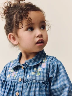 Next Denim Carreaux brodé - Robe à col à manches longues (3mths-8yrs) New