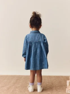 Next Denim Carreaux brodé - Robe à col à manches longues (3mths-8yrs) New