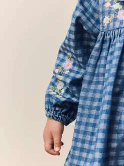 Next Denim Carreaux brodé - Robe à col à manches longues (3mths-8yrs) New