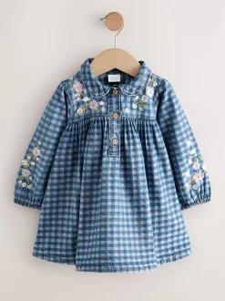 Next Denim Carreaux brodé - Robe à col à manches longues (3mths-8yrs) New