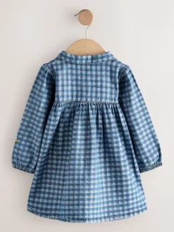 Next Denim Carreaux brodé - Robe à col à manches longues (3mths-8yrs) New