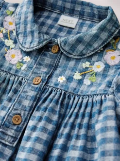 Next Denim Carreaux brodé - Robe à col à manches longues (3mths-8yrs) New