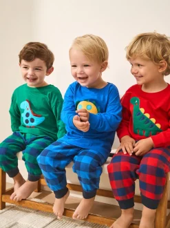 Next - Lot de 3 pantalons de pyjama tissés à carreaux (9mois-12ans) Dinosaure à carreaux rouge/bleu/vert Best