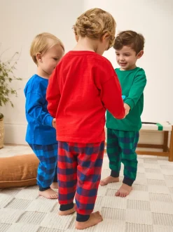 Next - Lot de 3 pantalons de pyjama tissés à carreaux (9mois-12ans) Dinosaure à carreaux rouge/bleu/vert Best