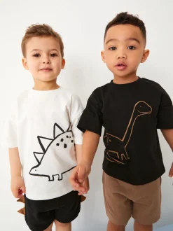 Next Dinosaure noir/beige - Ensemble t-shirt et short à manches courtes Lot de 2 (3mois à7ans) (3mois à7ans) New