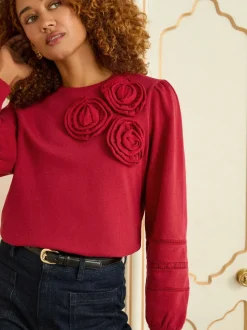Love & Roses - Sweat en jersey à col ras du cou détail corsage Rouge Online
