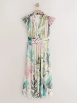 Next Ecru Floral - Robe longue Grande occasion à col en V Imprimé en maille Plissé Clearance