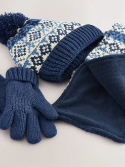 Next - Ensemble chapeau, écharpe et gants 3 pièces (3-16ans) Fairisle bleu/blanc Clearance