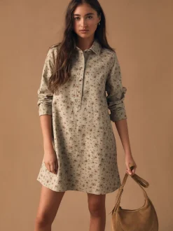 Next Fleuri neutre - Robe chemise à manches longues en sergé de coton Clearance