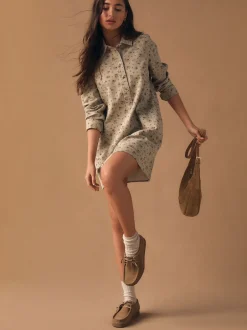 Next Fleuri neutre - Robe chemise à manches longues en sergé de coton Clearance