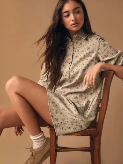 Next Fleuri neutre - Robe chemise à manches longues en sergé de coton Clearance