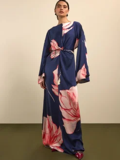Next Floral de marine - Robe longue en satin à manches longues torsadée sur le devant