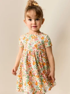 Next Floral orange - Robe côtelée à manches courtes (3mois7ans) New
