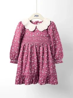 Jojo Maman Bébé Floral rose sombre - Robe en jersey smockée avec col Broderie New