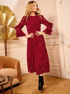 Love & Roses Floral rouge - Robe mi-longue Tissu dévoré Volants Clearance