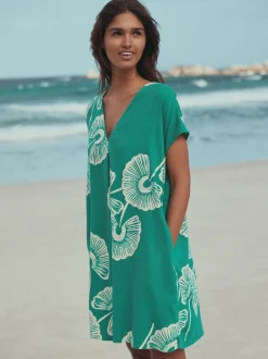 Next Floral vert - Court robe kaftan à manches courtes et col en V en Lin Outlet