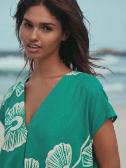 Next Floral vert - Court robe kaftan à manches courtes et col en V en Lin Outlet